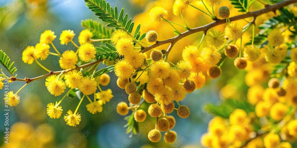 Close-up of beautiful flowers from Vachellia karroo tree in a field