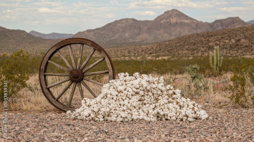 Fototapeta premium Rustic Scene with Cotton and Old Wagon Wheel