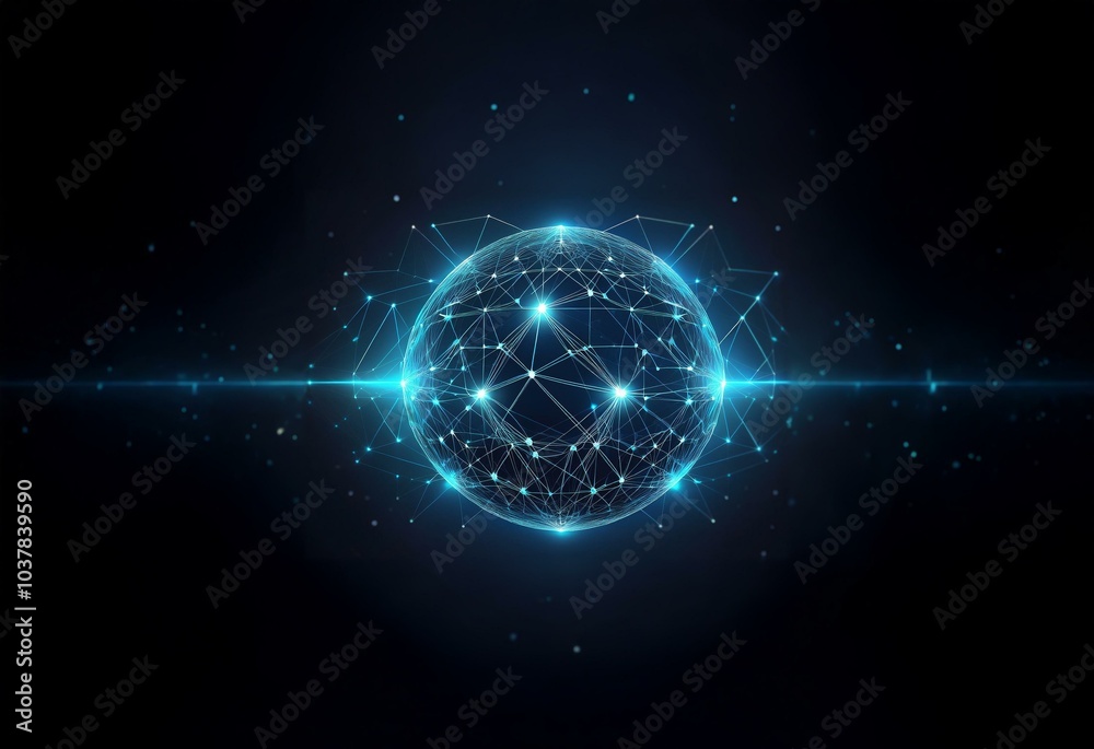 A glowing blue sphere composed of connected lines and dots against a dark background. A glowing blue sphere composed of connected lines and dots against a dark background.