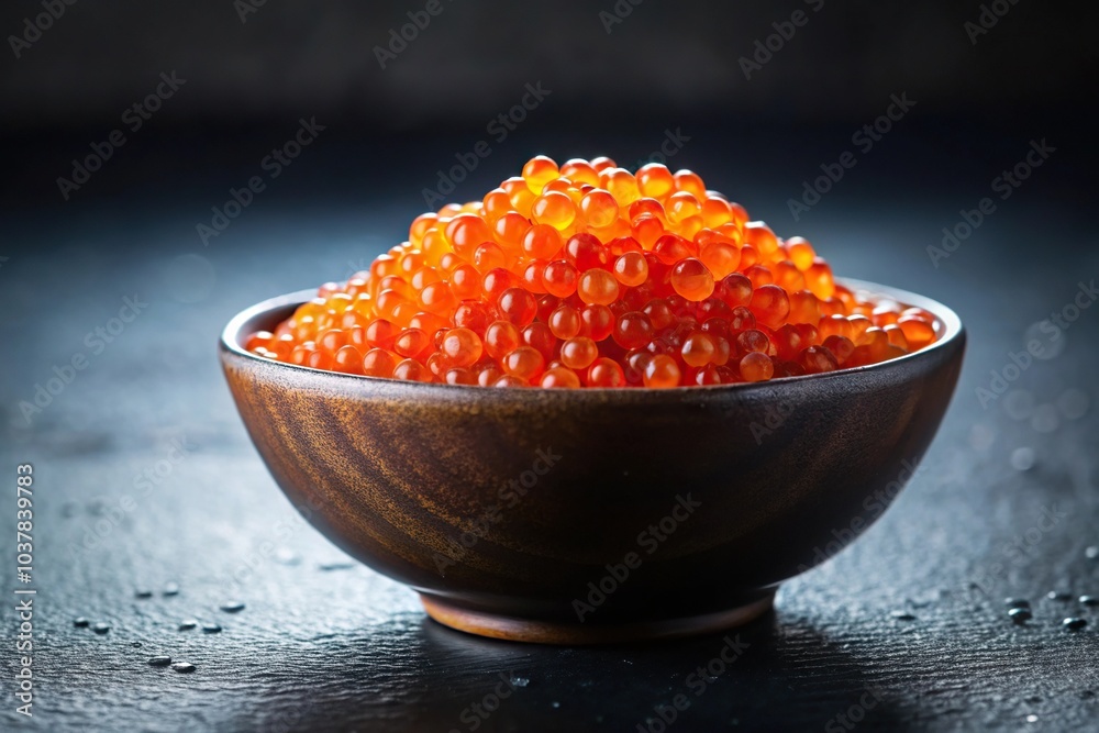Closeup of bowl of salmon roe on black background Closeup of bowl of salmon roe on black background