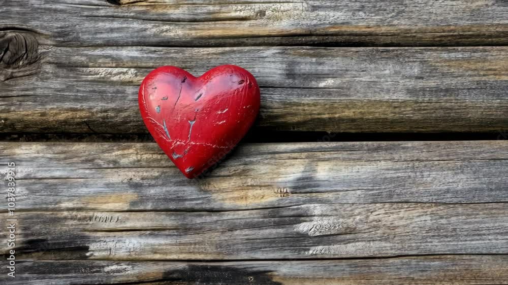 A red heart sits on a weathered wooden surface A red heart sits on a weathered wooden surface