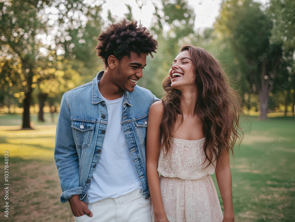Couple, A young couple is walking in a park. They are laughing together in a sweet and carefree moment of love. Couple, A young couple is walking in a park. They are laughing together in a sweet and carefree moment of love.