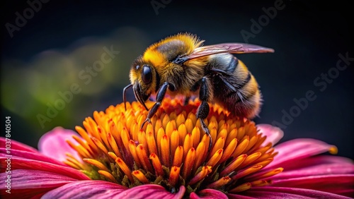 Close-up of bumble bee on flower showing depth of field with dark background