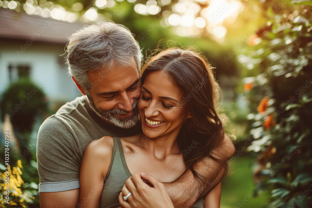Couple, A middle-aged couple shares a warm embrace in a sunlit garden, radiating happiness and love. The greenery and soft golden light enhance the intimate moment between them. Couple, A middle-aged couple shares a warm embrace in a sunlit garden, radiating happiness and love. The greenery and soft golden light enhance the intimate moment between them.