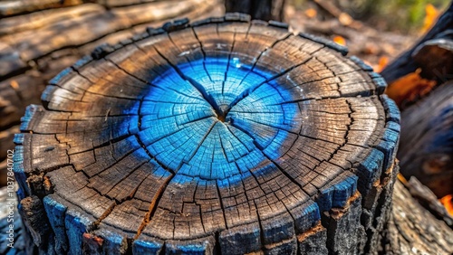 Closeup of burnt tree trunk with blue paint markings photo