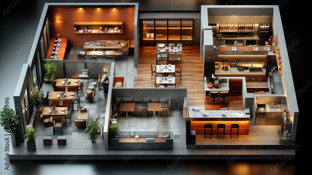 A modern restaurant layout showcasing dining areas and kitchen. A modern restaurant layout showcasing dining areas and kitchen.