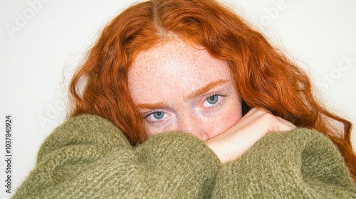 A middle-aged woman with long red hair stands with her arms wrapped around herself, looking lost in thought, her face heavy with grief and brows furrowed in deep inner turmoil.