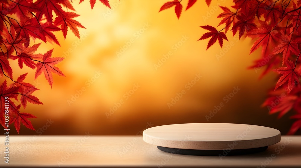 Elegant wooden podium with a smooth polished finish positioned on a table framed by vibrant red maple leaves in a warm glowing yellow and orange palette Elegant wooden podium with a smooth polished finish positioned on a table framed by vibrant red maple leaves in a warm glowing yellow and orange palette