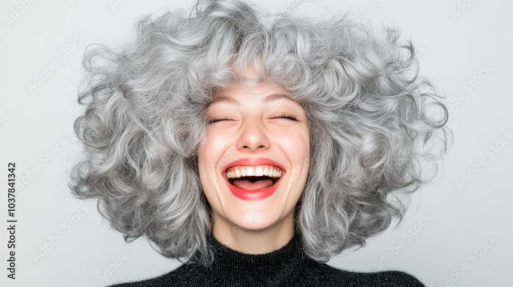 A playful moment as the woman tosses her curly silver and gray hair back while laughing with delight, captured candidly against a clean white background.
