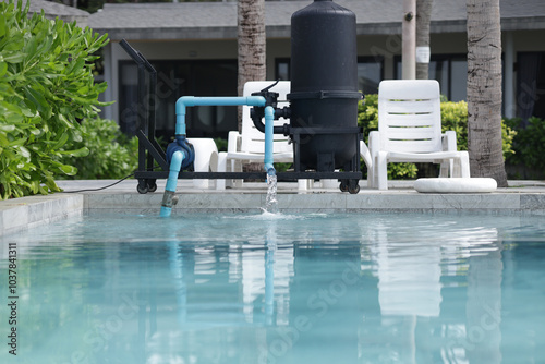 A mobile water filtration system is operating next to the swimming pool. Water filtration system releases treated water into the swimming pool.