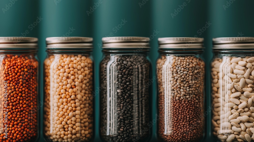 Colorful Variety of Dried Beans in Glass Jars Colorful Variety of Dried Beans in Glass Jars
