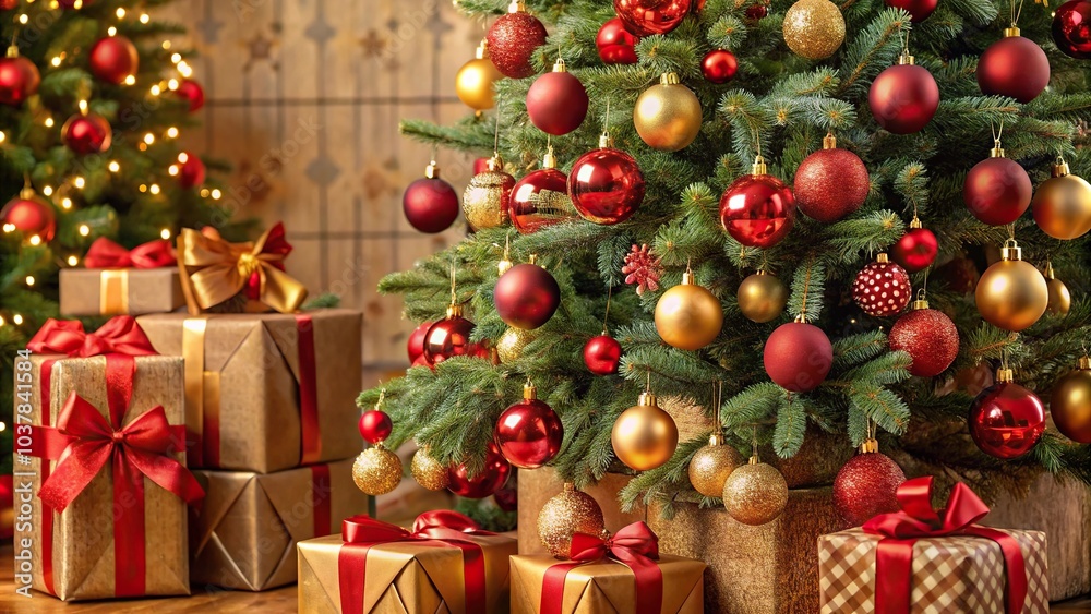 Close-Up of Christmas tree and presents decorated with red and gold ornaments and ribbons Close-Up of Christmas tree and presents decorated with red and gold ornaments and ribbons