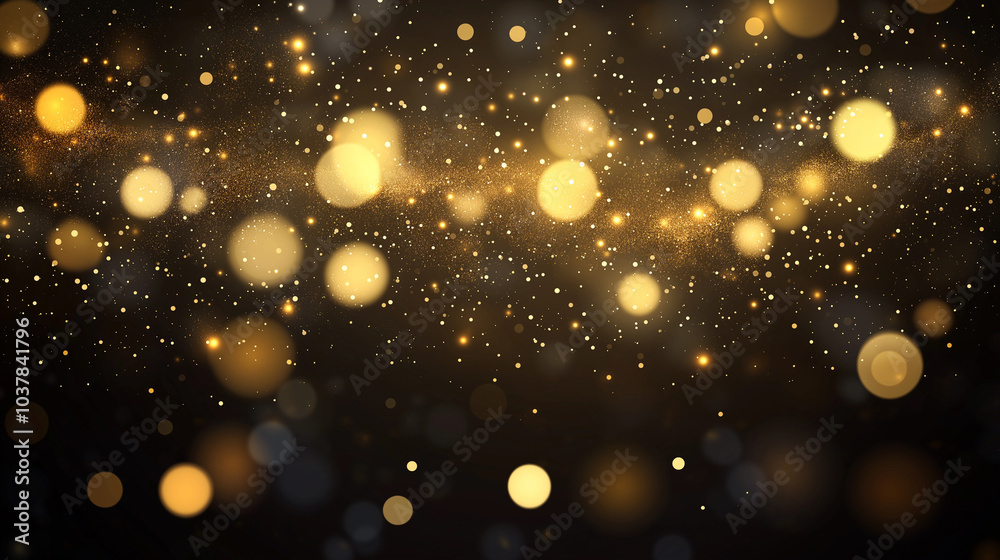 Fototapeta premium Abstract dark background with sparkling golden bokeh lights and glitter dust particles, banner. AI generation.