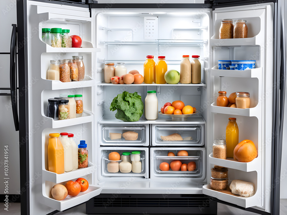 Open refrigerator full of different products in kitchen Open refrigerator full of different products in kitchen