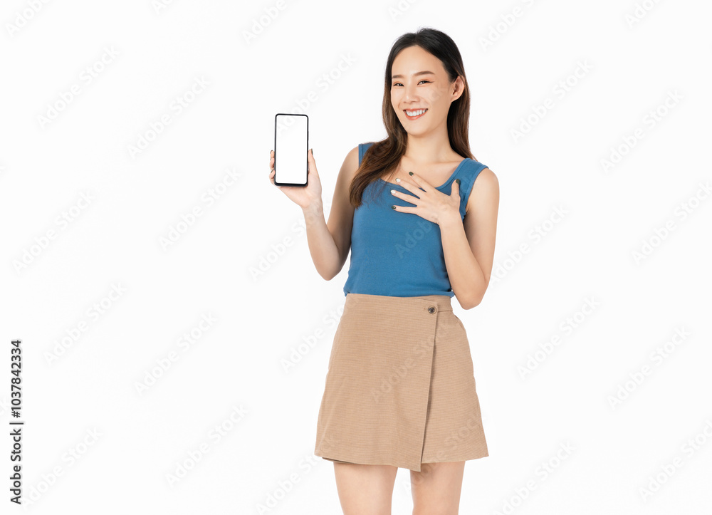 Beautiful Asian woman holding smartphone mockup of blank screen and smiling on white background. Beautiful Asian woman holding smartphone mockup of blank screen and smiling on white background.