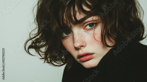 A woman with wavy brunette hair sits hunched over with downcast eyes and an expression of quiet despair, conveying emotional exhaustion against a stark white background.