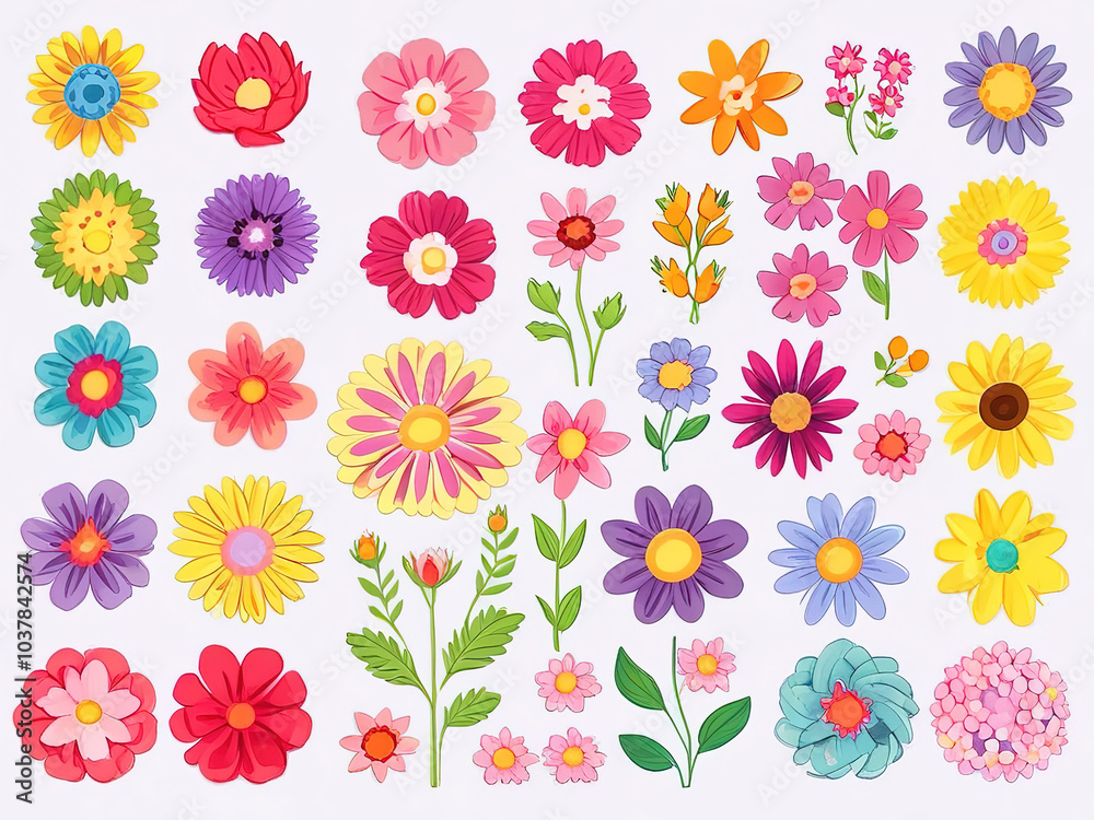 A charming set of colorful flower stickers, separated on a soft light background A charming set of colorful flower stickers, separated on a soft light background