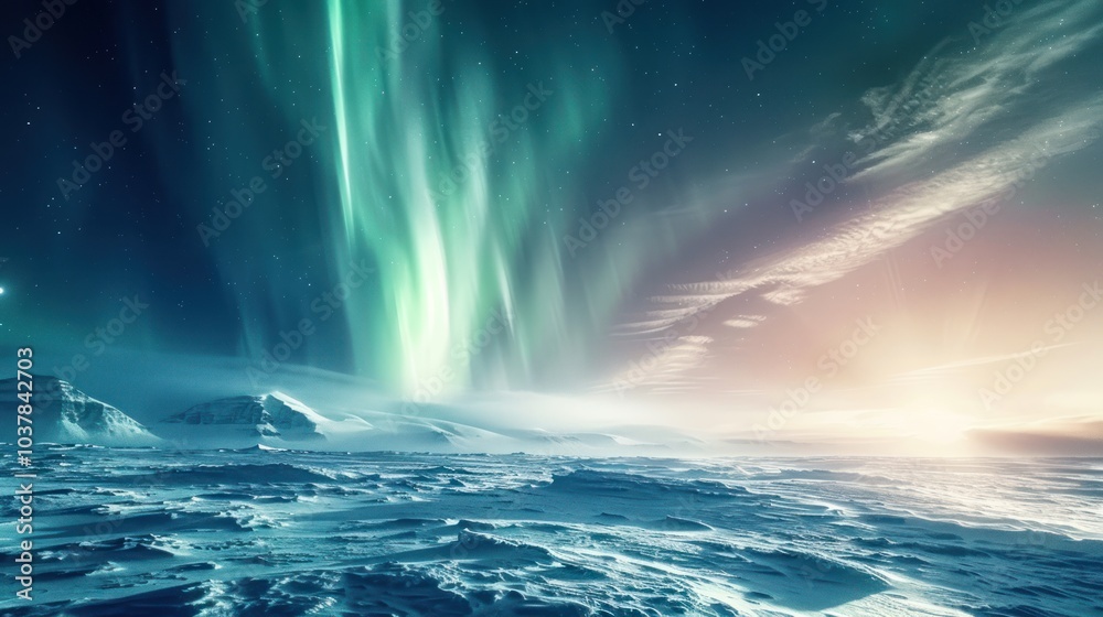 Naklejka premium Aurora Borealis Over Snowy Landscape