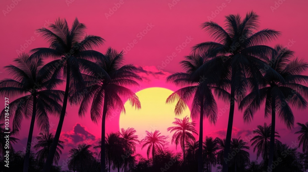 Silhouettes of palm trees against a vibrant pink sunset sky. Silhouettes of palm trees against a vibrant pink sunset sky.