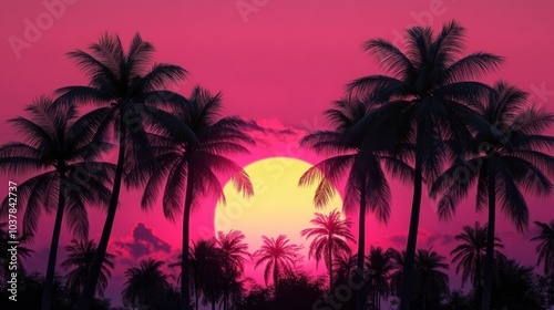 Silhouettes of palm trees against a vibrant pink sunset sky.