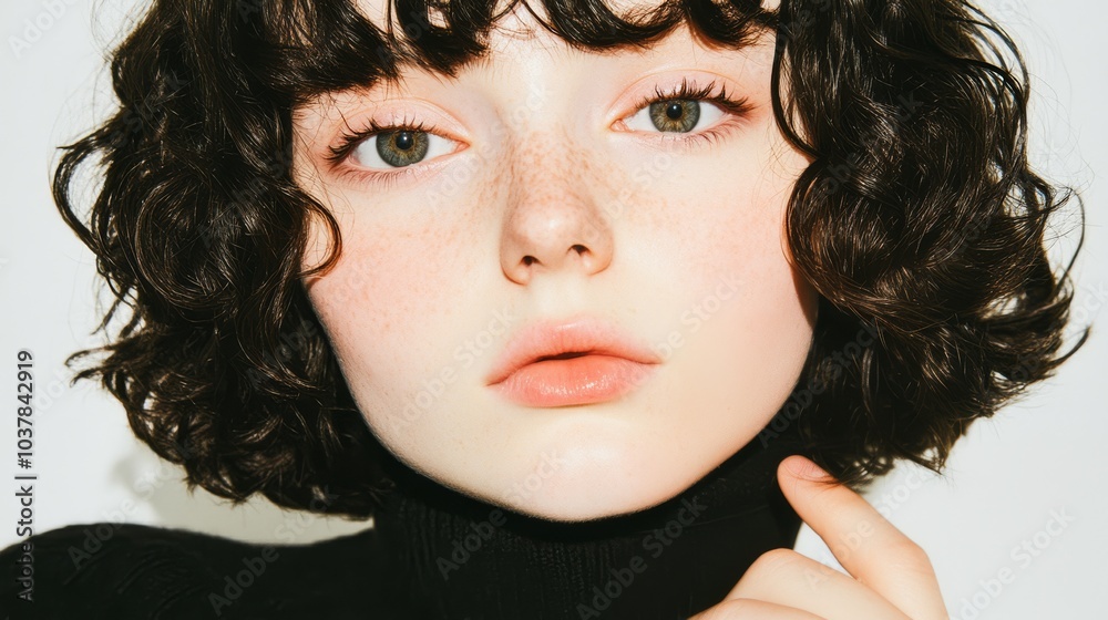 Fototapeta premium A young woman with curly dark brown hair rests her chin on her hand, her eyes distant and filled with sadness, with her lips pressed tightly together against a white background.