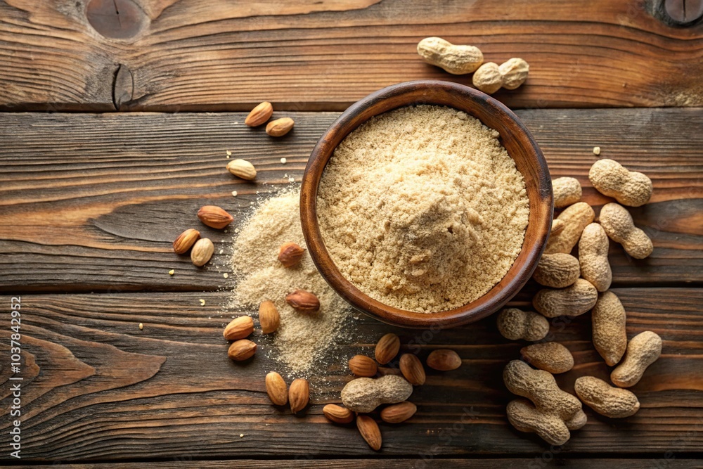Close-Up of crushed and ground peanuts in ceramic bowl forming flour on rustic wooden table