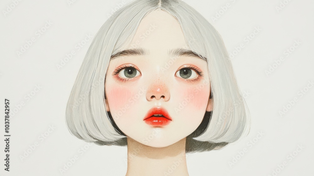 A young woman with sleek silver-gray hair stares into the distance, her eyes reflecting deep sorrow, with a solemn expression and hands gently resting in her lap against a white background.