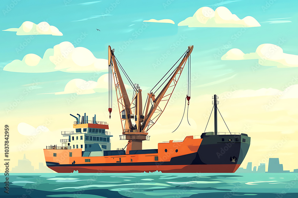 A large crane ship operates on water, showcasing its industrial capabilities against a scenic backdrop. A large crane ship operates on water, showcasing its industrial capabilities against a scenic backdrop.
