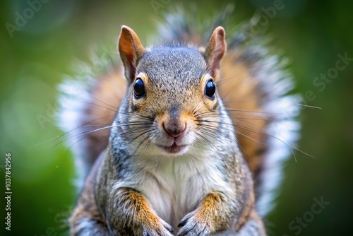 Close-up of cute gray squirrel with bushy tail in tree photo