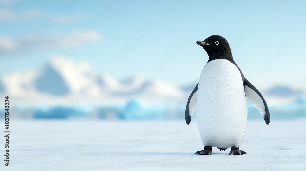 Naklejka premium A charming penguin standing on icy terrain, showcasing its black and white feathers against a serene blue backdrop of the Arctic landscape.