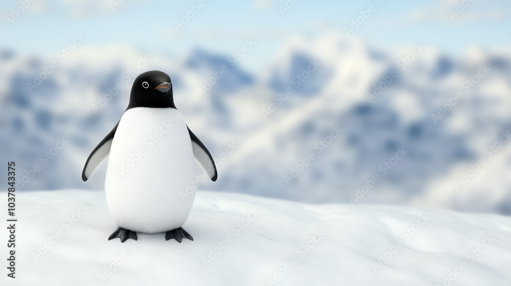 Obraz premium A charming penguin standing on a snowy landscape, surrounded by mountains, showcasing its unique features and playful demeanor.
