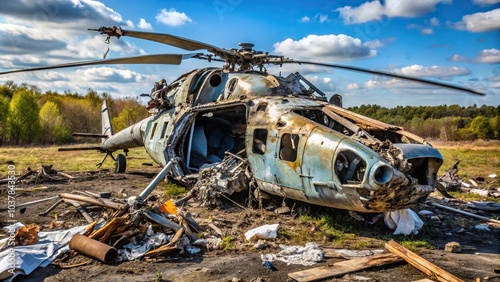 Close-up of destroyed Russian helicopter wreckage in Kharkiv region