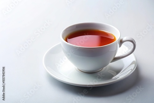 Close-up of Earl Grey tea in white cup on saucer on white background photo