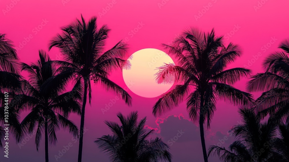 Silhouette of palm trees against a vibrant pink sunset sky. Silhouette of palm trees against a vibrant pink sunset sky.