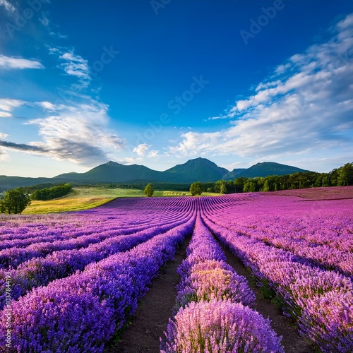 夏の北海道の富良野に広がる一面のラベンダー畑。紫のラベンダーの花が一斉に咲き誇り、遠くの山々とのコントラストが美しい。風に揺れる花々と、爽やかな夏の空気が感じられる穏やかな風景