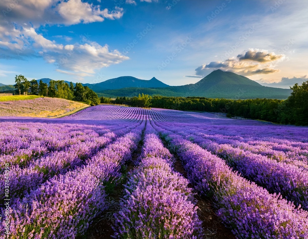 Naklejka premium 夏の北海道の富良野に広がる一面のラベンダー畑。紫のラベンダーの花が一斉に咲き誇り、遠くの山々とのコントラストが美しい。風に揺れる花々と、爽やかな夏の空気が感じられる穏やかな風景
