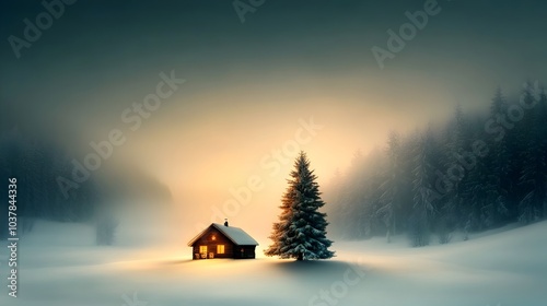 Dreamy snowy winter landscape featuring a cozy log cabin nestled in a serene forest with a beautifully decorated Christmas tree surrounded by glistening snow captured in a soft nostalgic light