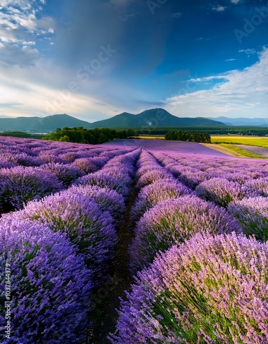 夏の北海道の富良野に広がる一面のラベンダー畑。紫のラベンダーの花が一斉に咲き誇り、遠くの山々とのコントラストが美しい。風に揺れる花々と、爽やかな夏の空気が感じられる穏やかな風景