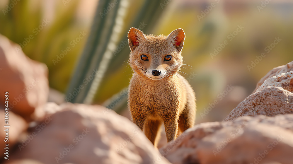 A curious small mammal stands between rocks in a natural habitat, showcasing its alertness and charm in this captivating wildlife scene.