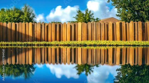 Backyard with standing water reflecting the surrounding trees and sky, capturing the serene beauty of nature's reflection and the tranquility of a still moment.