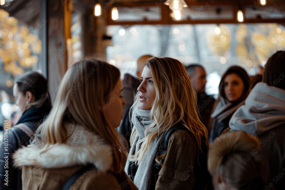 Young woman in a coat and scarf on the background of the crowd of people Young woman in a coat and scarf on the background of the crowd of people