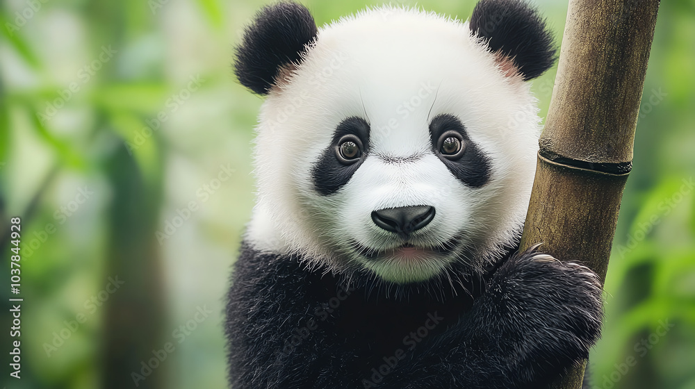 A cute panda bear holding onto a bamboo stalk, surrounded by lush green foliage, symbolizing conservation and wildlife preservation. A cute panda bear holding onto a bamboo stalk, surrounded by lush green foliage, symbolizing conservation and wildlife preservation.