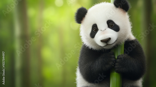 A cute panda bear holding a bamboo stalk in a lush green forest. The scene captures the playful nature and gentle demeanor of this adorable creature.