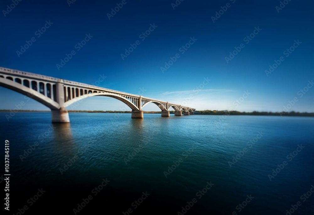 A concrete bridge arches over a calm body of water, with a deep blue sky above. A concrete bridge arches over a calm body of water, with a deep blue sky above.