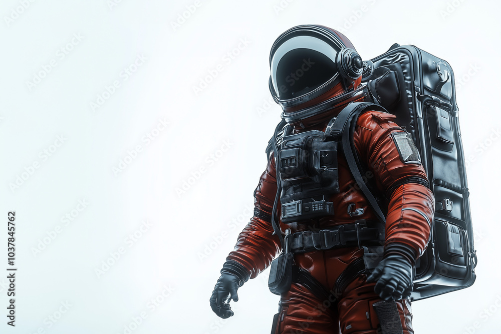 Astronaut in a spacesuit with a suitcase on a light background...