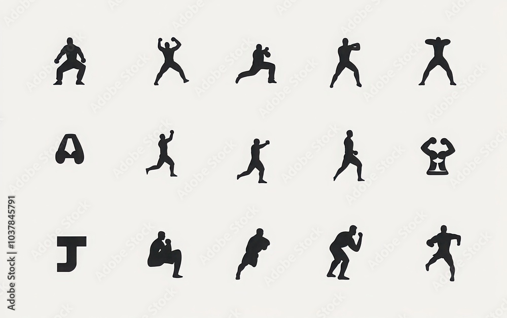 A minimalist vector set of black icons related to mixed martial arts, highlighting combat sports such as Muay Thai, wrestling, and jiu-jitsu A minimalist vector set of black icons related to mixed martial arts, highlighting combat sports such as Muay Thai, wrestling, and jiu-jitsu