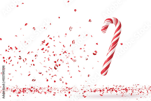 A festive candy cane surrounded by scattered red and white confetti, evoking holiday cheer.