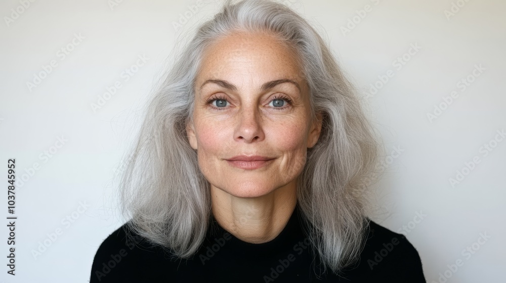 A woman leans slightly forward with an expressive, excited smile as her silver and gray hair cascades in soft waves against a white background, emphasizing her energy. A woman leans slightly forward with an expressive, excited smile as her silver and gray hair cascades in soft waves against a white background, emphasizing her energy.
