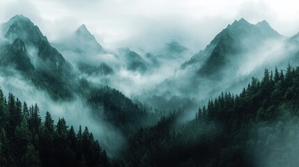 Tableau sur plexiglas  Misty mountain range with lush green trees in a foggy valley.  © Olsen