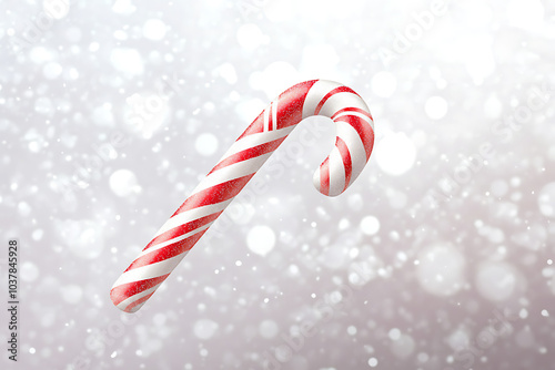 A festive red and white candy cane against a soft, snowy background.